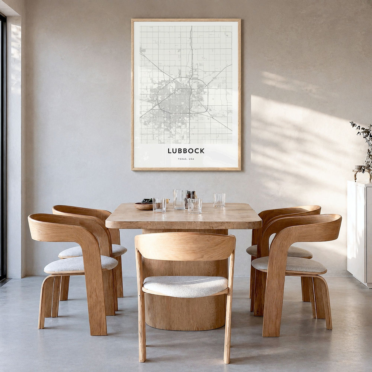 Lubbock Map Poster in a natural wood frame, hanging in a dining room