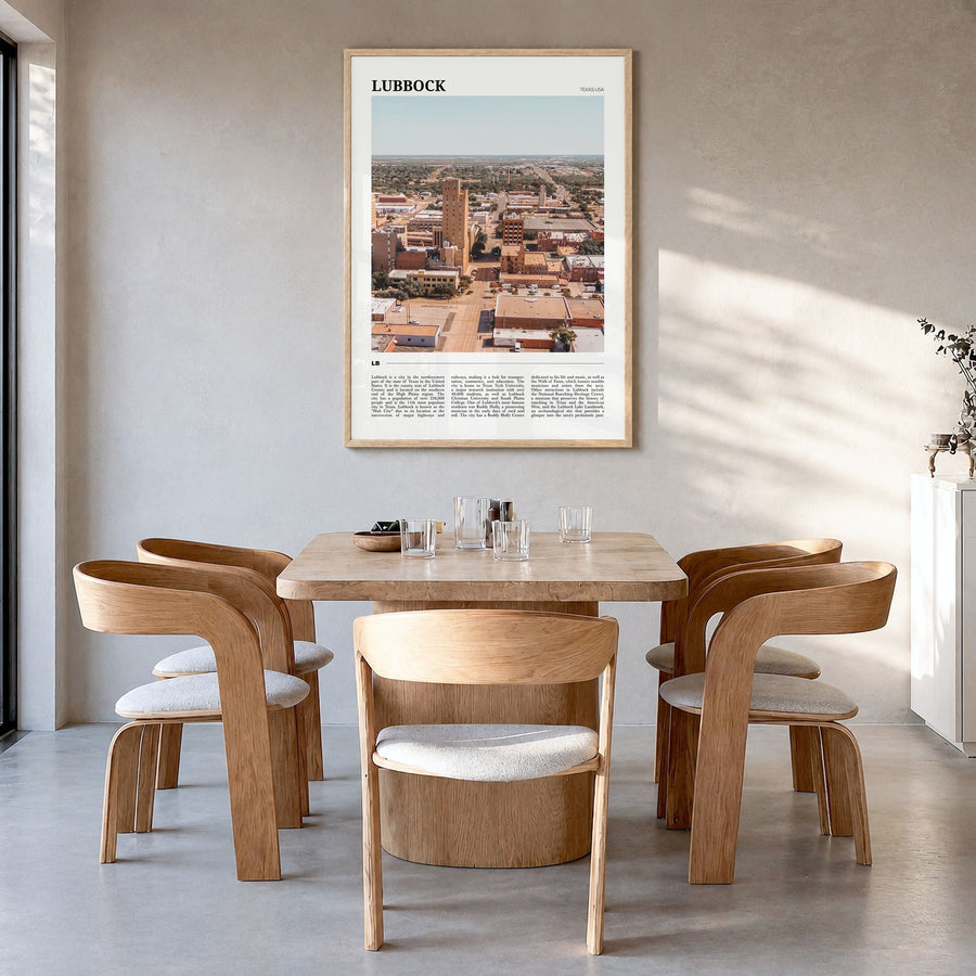 Lubbock Travel Poster in a natural wood frame, hanging in a dining room