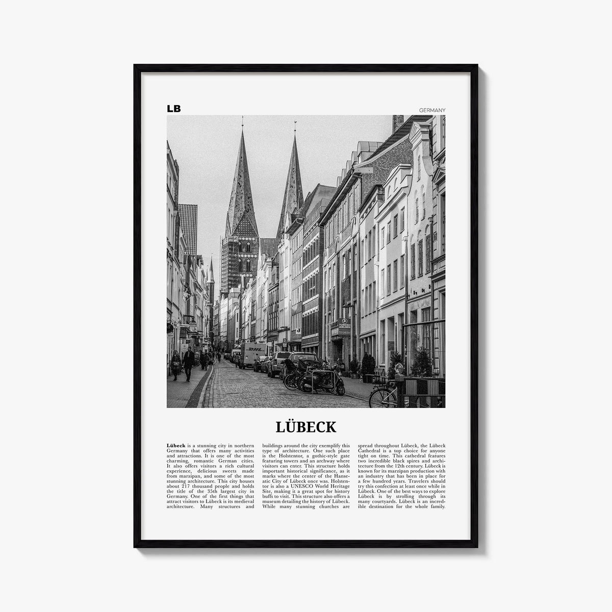 Lübeck black & white newspaper poster of Germany – vertical wall art, unframed print shown in interior mockup