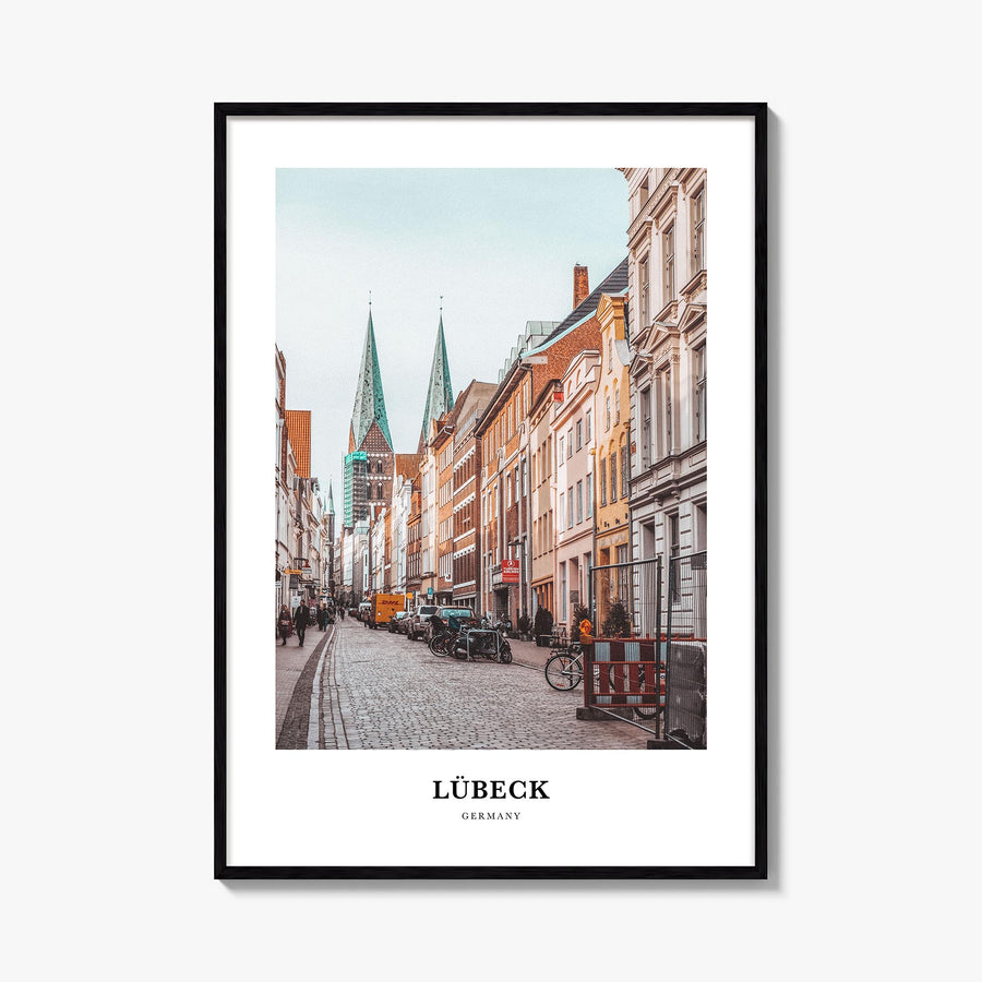 Lübeck colorful classic poster of Germany – vertical wall art, unframed print shown in interior mockup