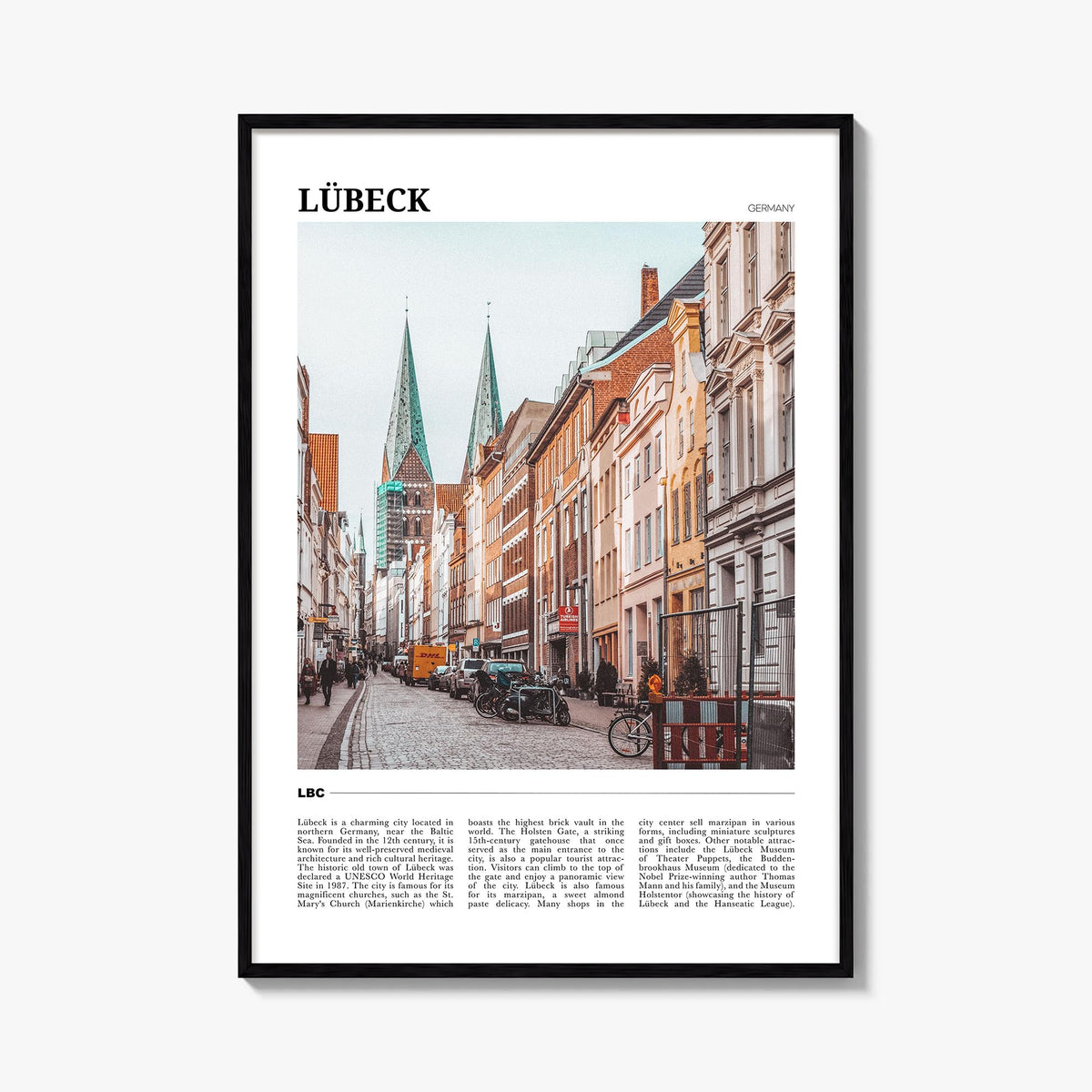 Lübeck colorful travel poster of Germany – vertical wall art, unframed print shown in interior mockup