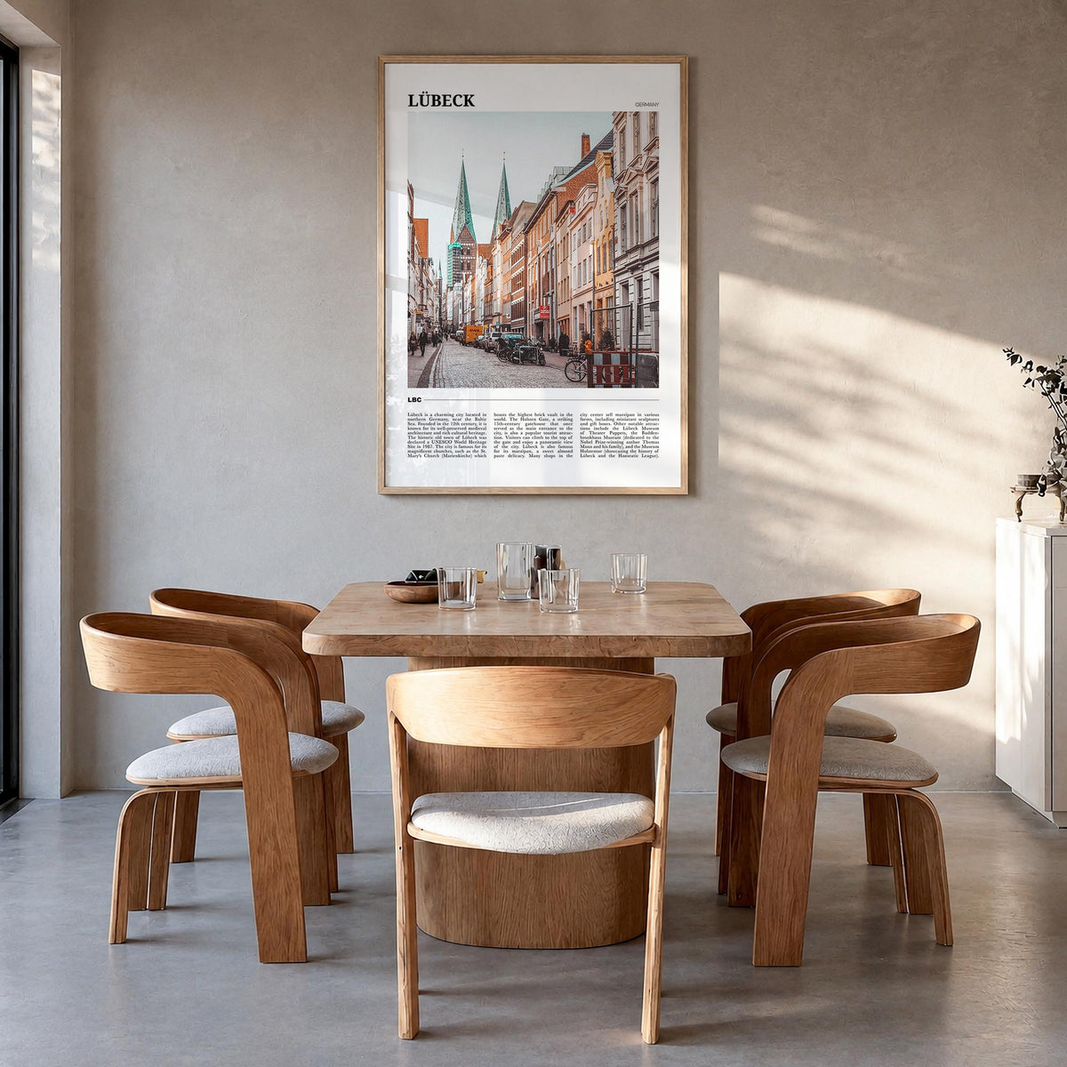 Lübeck colorful travel poster of Germany – vertical wall art in natural wood frame, hanging on wall