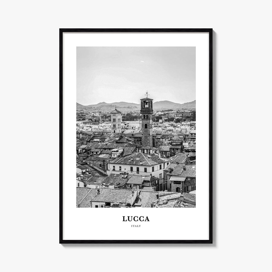 Lucca black & white classic poster of Italy – vertical wall art, unframed print shown in interior mockup