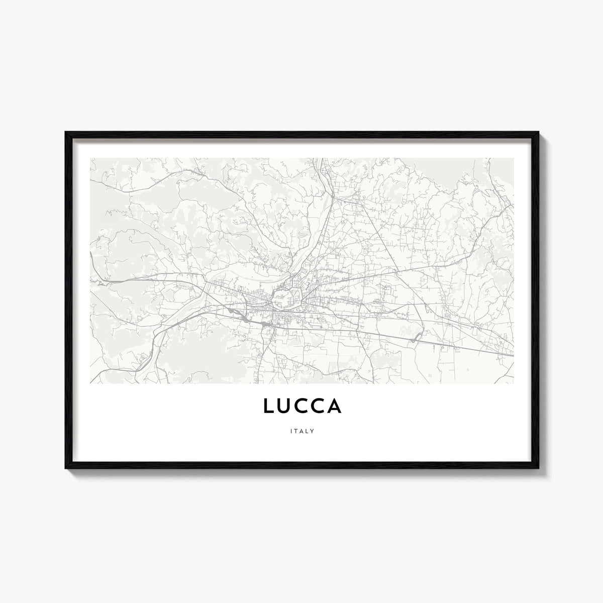 Lucca black & white map poster of Italy – horizontal wall art, unframed print shown in interior mockup