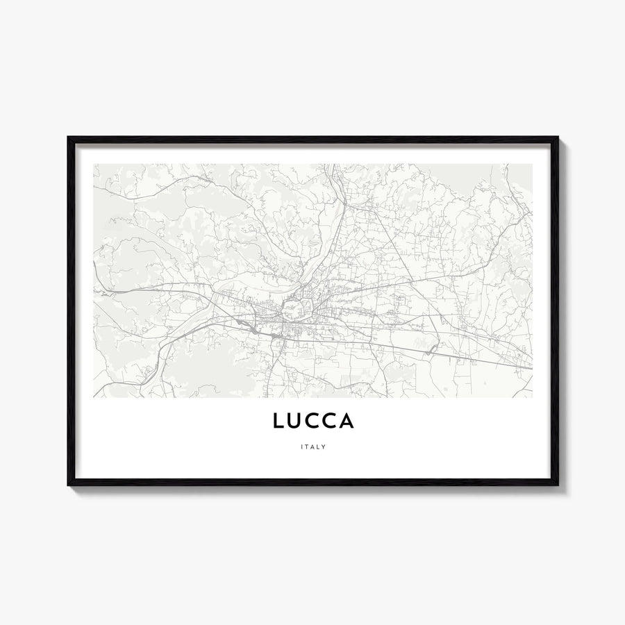 Lucca black & white map poster of Italy – horizontal wall art, unframed print shown in interior mockup