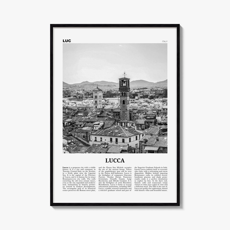 Lucca black & white newspaper poster of Italy – vertical wall art, unframed print shown in interior mockup