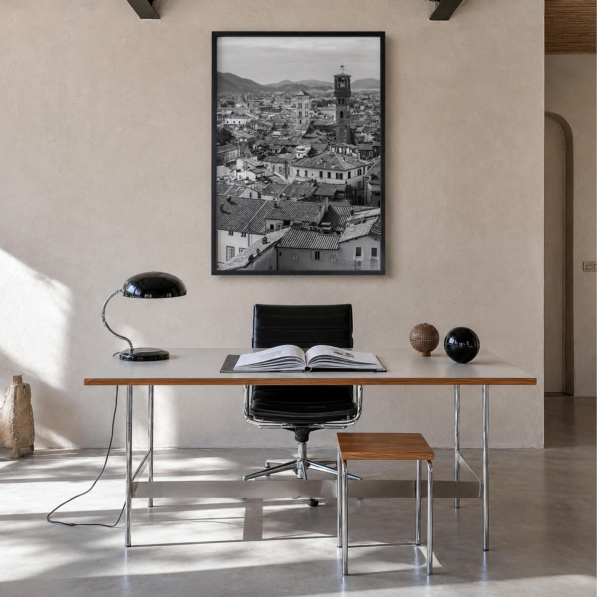Lucca black & white photo poster of Italy – vertical wall art in black wood frame, hanging on wall