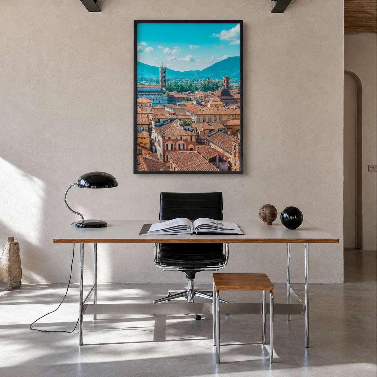 Lucca colorful photo poster of Italy – vertical wall art in black wood frame, hanging on wall