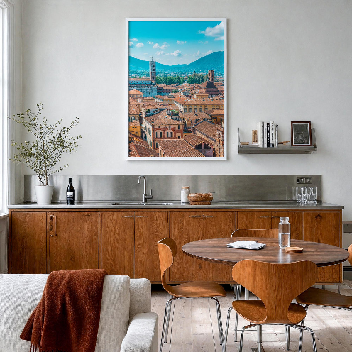 Lucca colorful photo poster of Italy – vertical wall art in white wood frame, hanging on wall