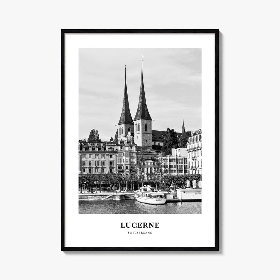 Lucerne black & white classic poster of Switzerland – vertical wall art, unframed print shown in interior mockup