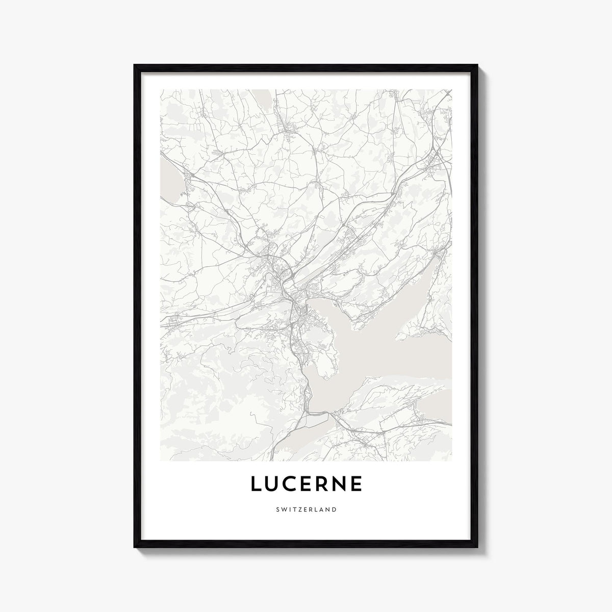 Lucerne black & white map poster of Switzerland – vertical wall art, unframed print shown in interior mockup