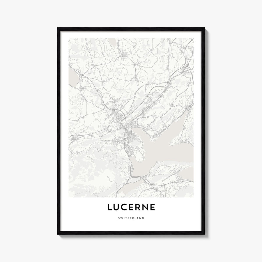 Lucerne black & white map poster of Switzerland – vertical wall art, unframed print shown in interior mockup