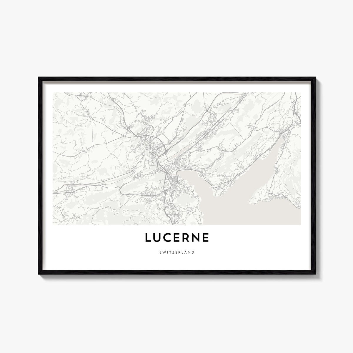 Lucerne black & white map poster of Switzerland – horizontal wall art, unframed print shown in interior mockup