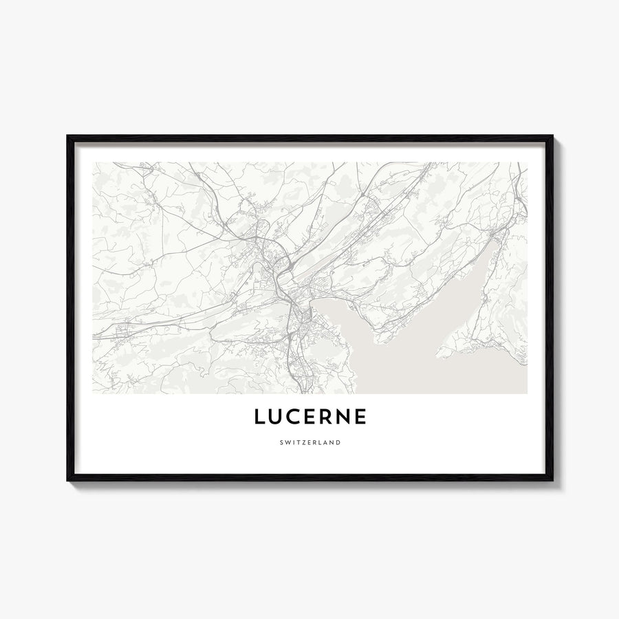 Lucerne black & white map poster of Switzerland – horizontal wall art, unframed print shown in interior mockup