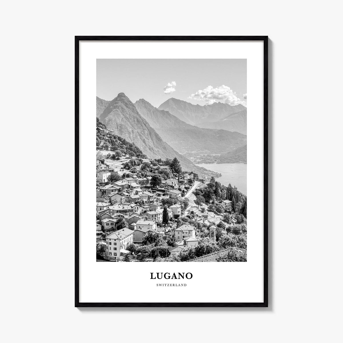 Lugano black & white classic poster of Switzerland – vertical wall art, unframed print shown in interior mockup