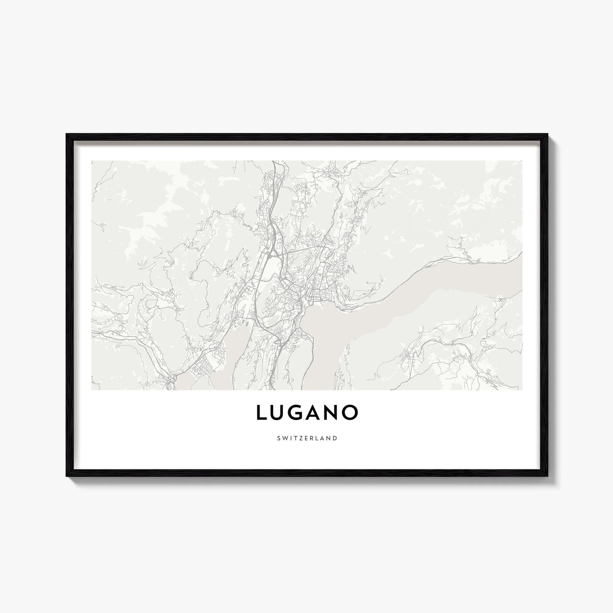 Lugano black & white map poster of Switzerland – horizontal wall art, unframed print shown in interior mockup