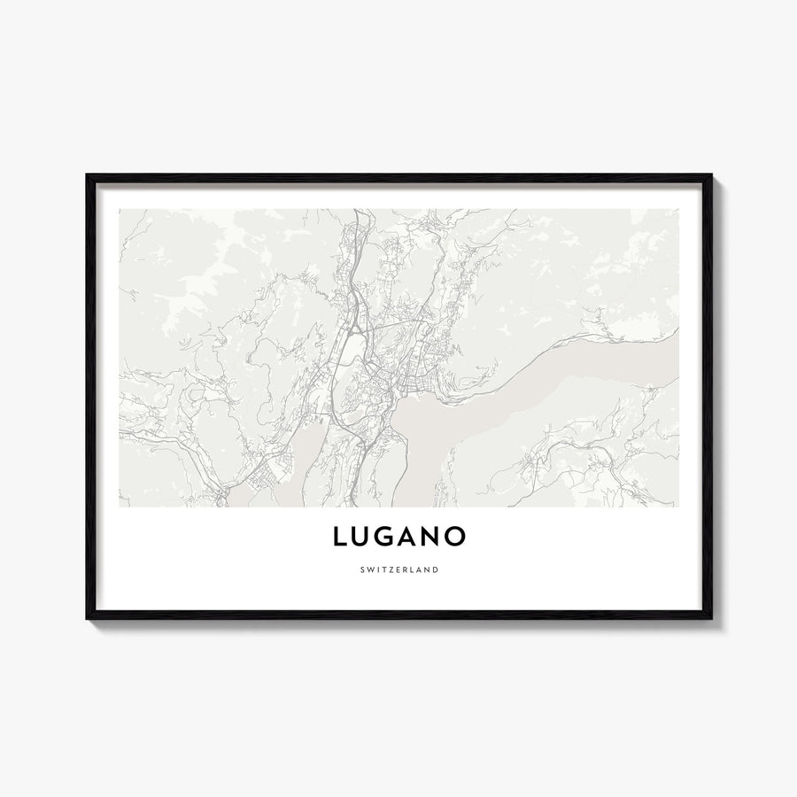 Lugano black & white map poster of Switzerland – horizontal wall art, unframed print shown in interior mockup