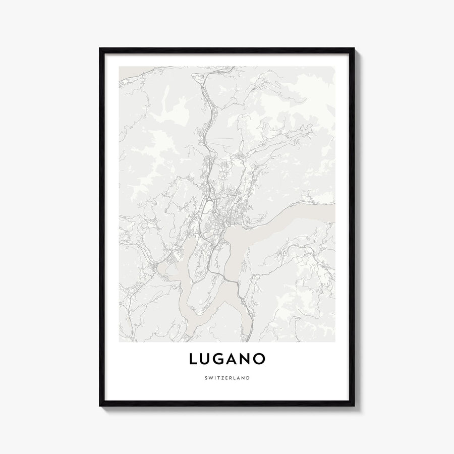 Lugano black & white map poster of Switzerland – vertical wall art, unframed print shown in interior mockup