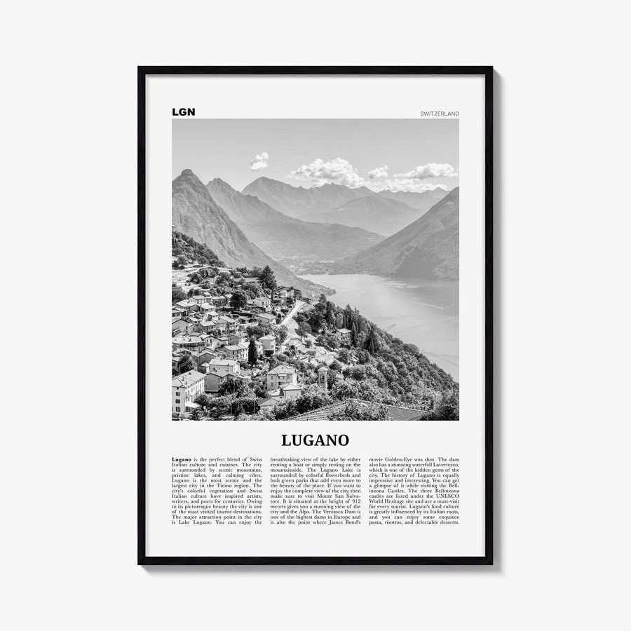 Lugano black & white newspaper poster of Switzerland – vertical wall art, unframed print shown in interior mockup