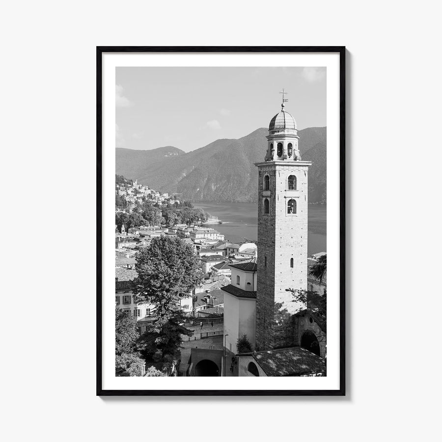 Lugano black & white photo poster of Switzerland – vertical wall art, unframed print shown in interior mockup