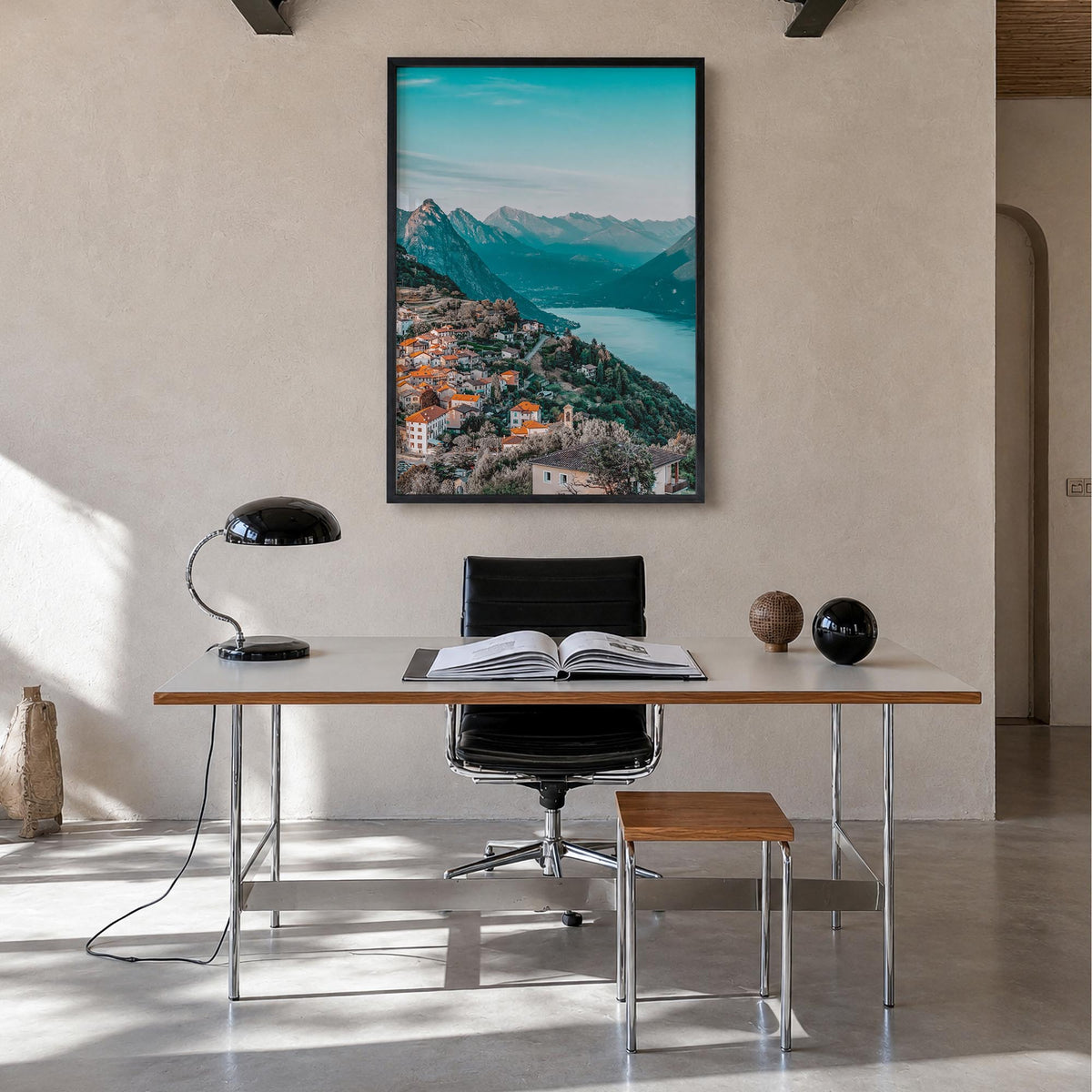 Lugano colorful photo poster of Switzerland – vertical wall art in black wood frame, hanging on wall