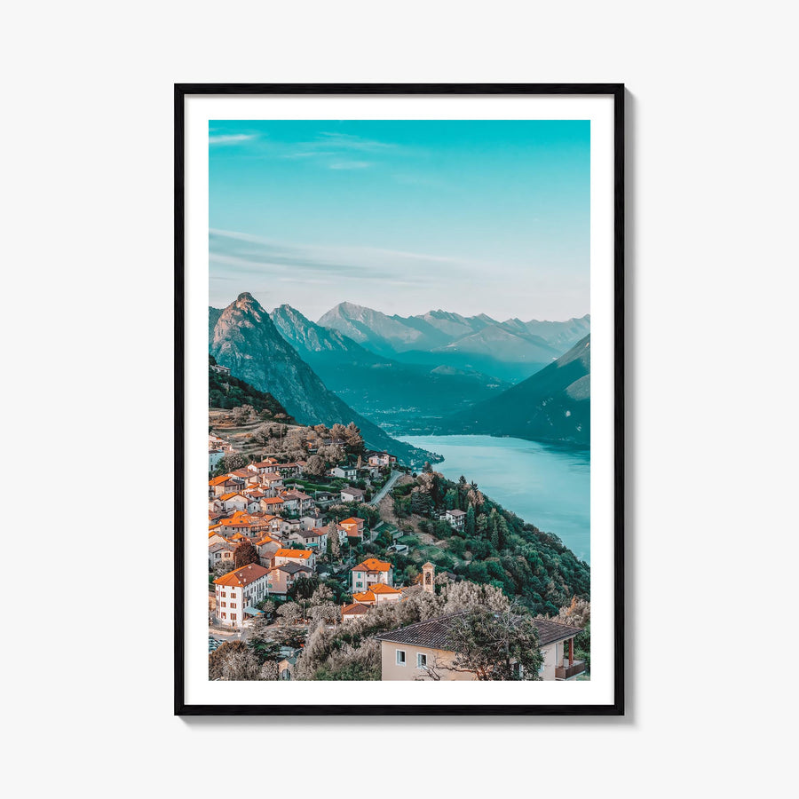 Lugano colorful photo poster of Switzerland – vertical wall art, unframed print shown in interior mockup