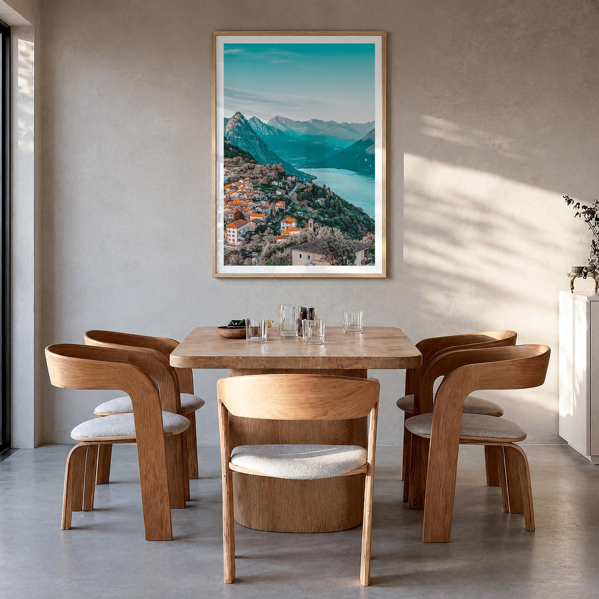 Lugano colorful photo poster of Switzerland – vertical wall art in natural wood frame with white border, hanging on wall
