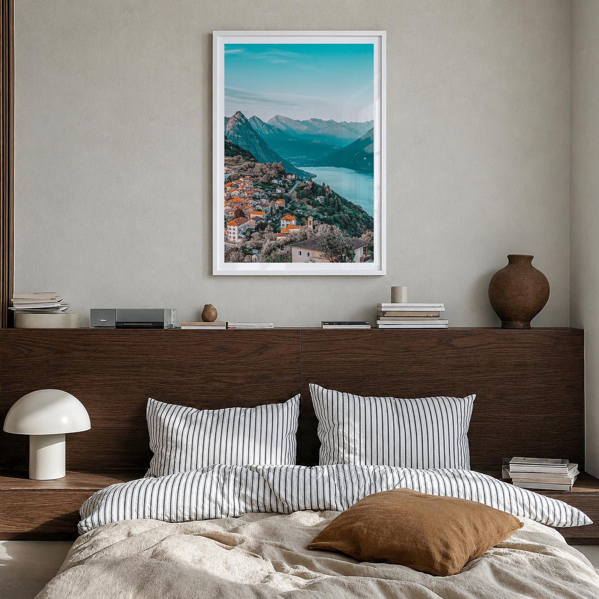 Lugano colorful photo poster of Switzerland – vertical wall art in white wood frame with white border, hanging on wall
