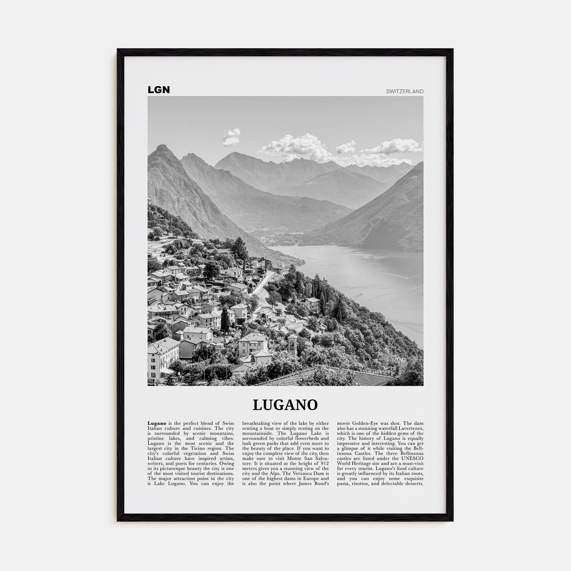 Lugano Poster Black Wood / 8x12 in Nbourhood Travel B&W Poster