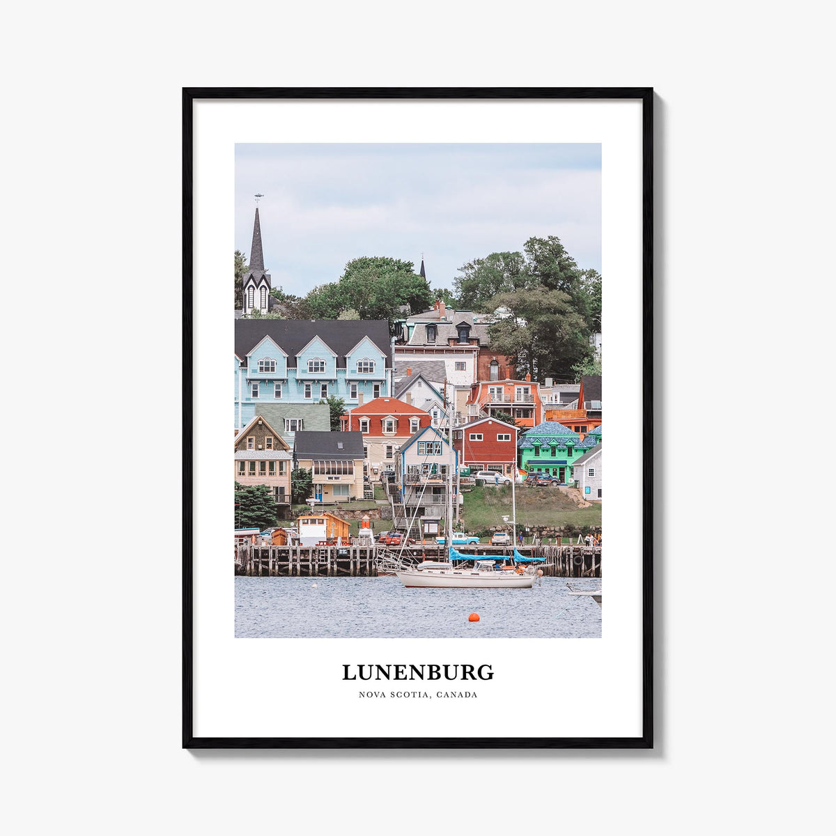 Lunenburg colorful classic poster of Canada – vertical wall art, unframed print shown in interior mockup
