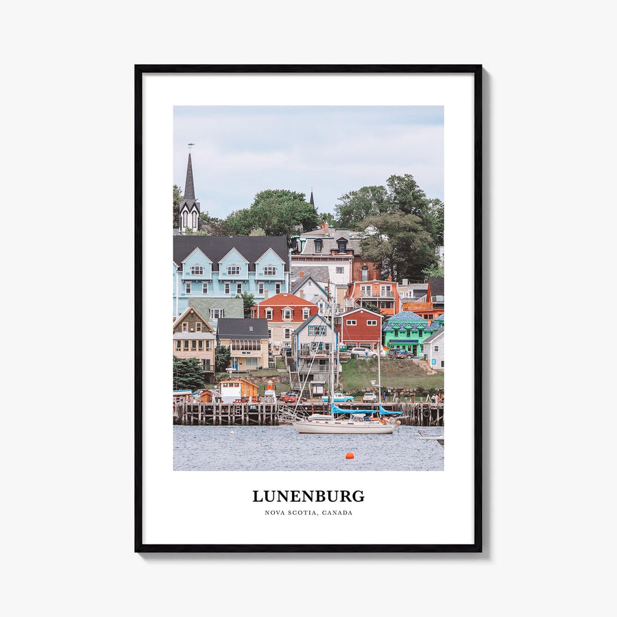 Lunenburg colorful classic poster of Canada – vertical wall art, unframed print shown in interior mockup