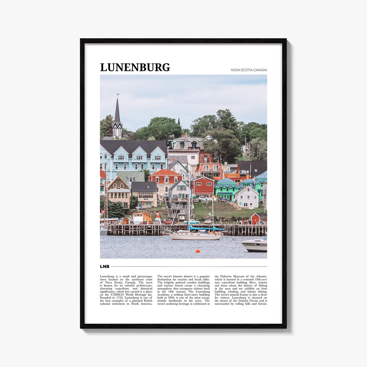Lunenburg colorful travel poster of Canada – vertical wall art, unframed print shown in interior mockup