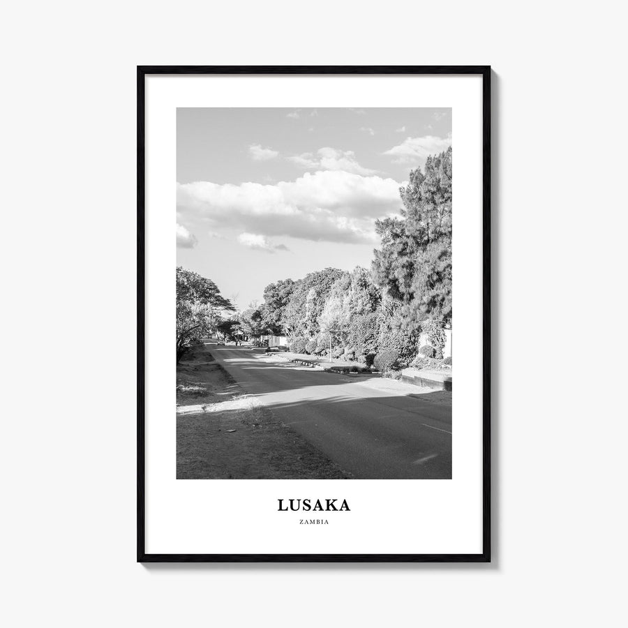 Lusaka black & white classic poster of Zambia – vertical wall art, unframed print shown in interior mockup