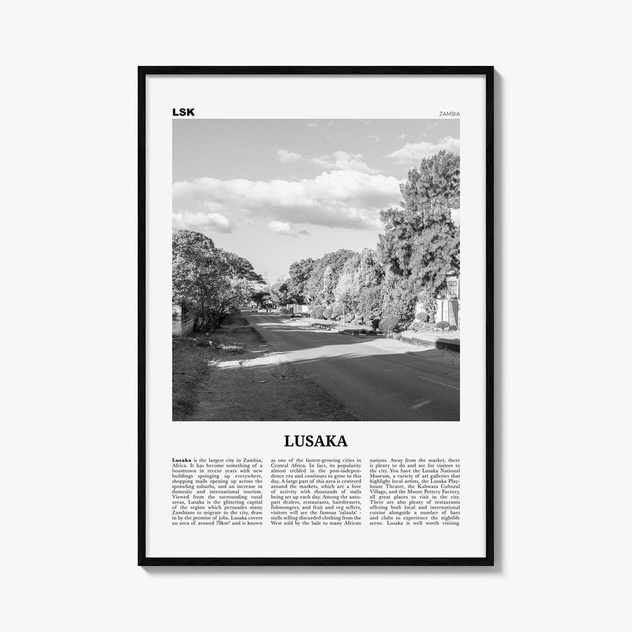 Lusaka black & white newspaper poster of Zambia – vertical wall art, unframed print shown in interior mockup