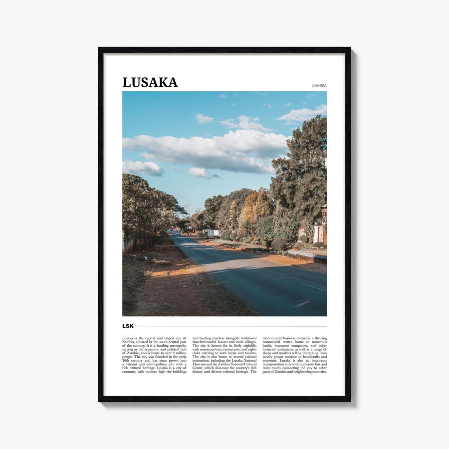 Lusaka colorful travel poster of Zambia – vertical wall art, unframed print shown in interior mockup
