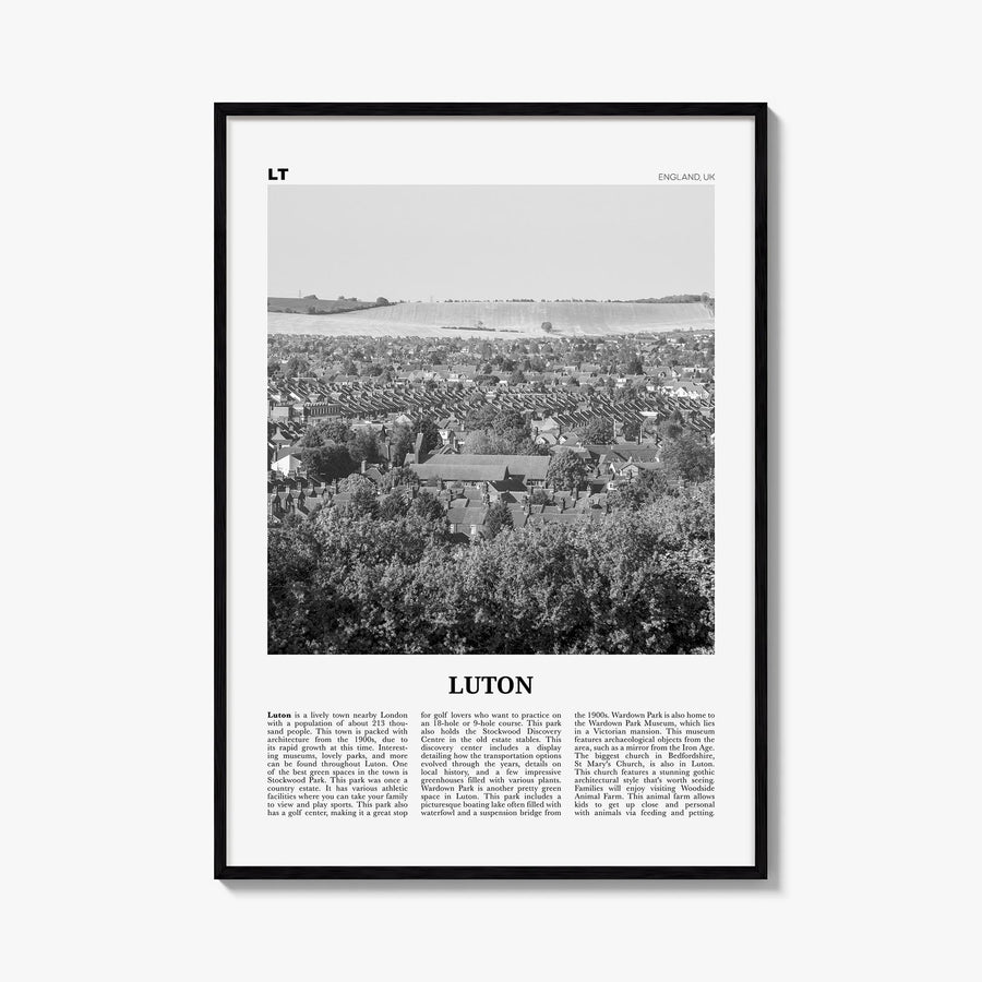 Luton black & white newspaper poster of United Kingdom – vertical wall art, unframed print shown in interior mockup