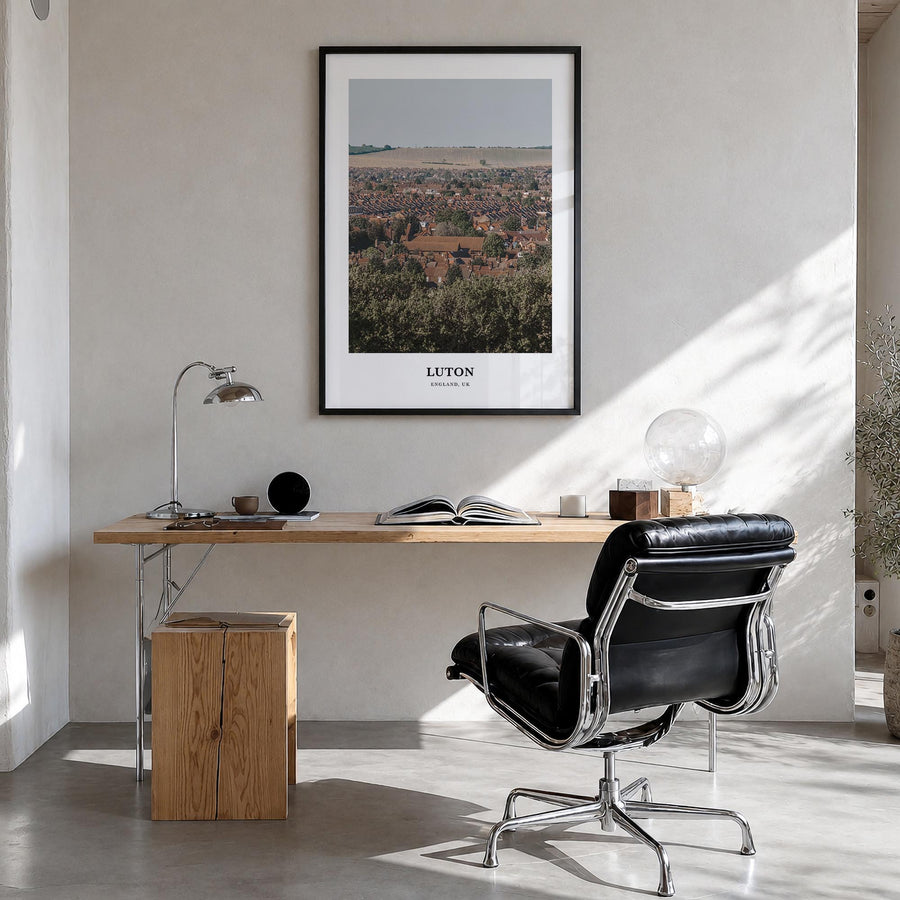 Luton colorful classic poster of United Kingdom – vertical wall art in black wood frame, hanging on wall