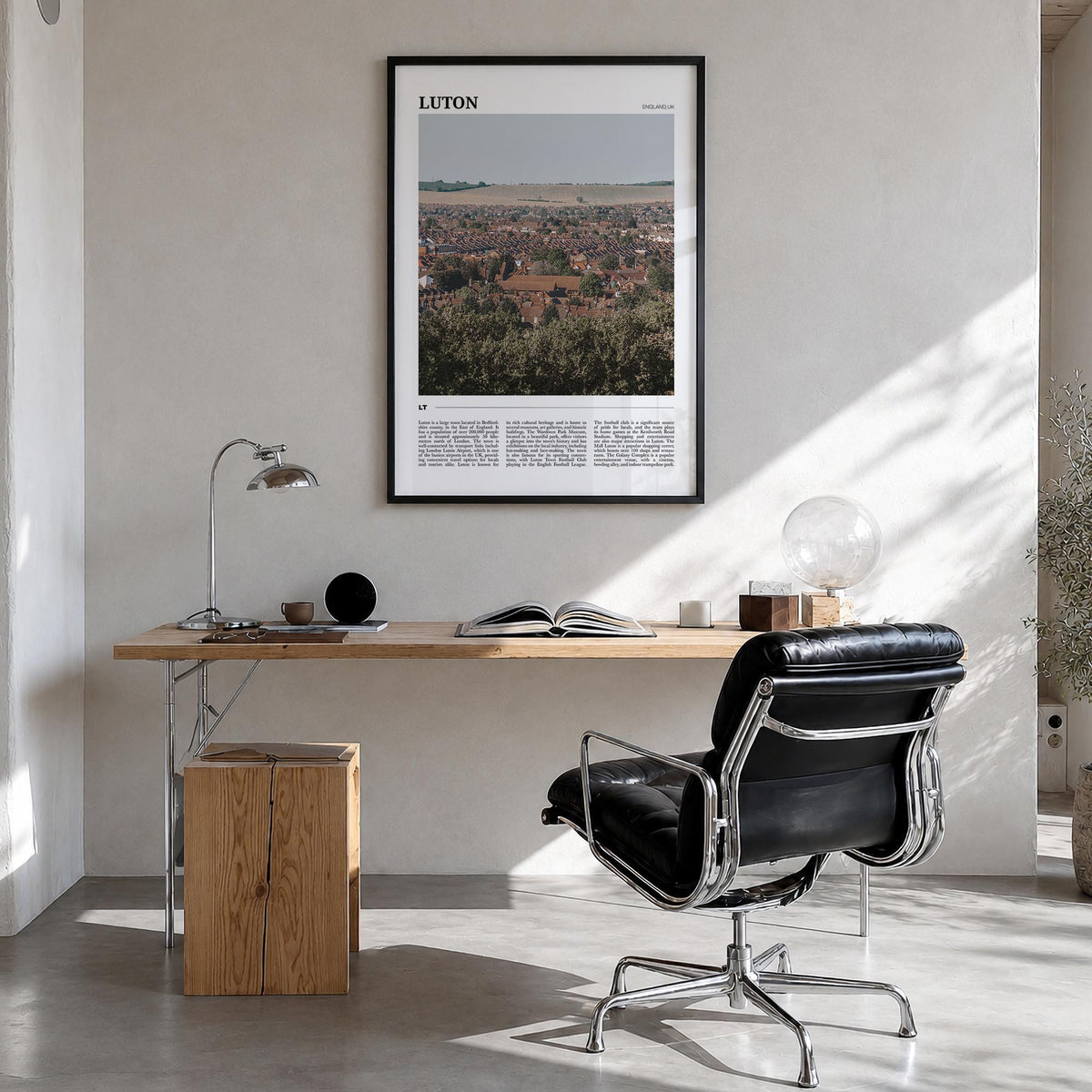 Luton colorful travel poster of United Kingdom – vertical wall art in black wood frame, hanging on wall