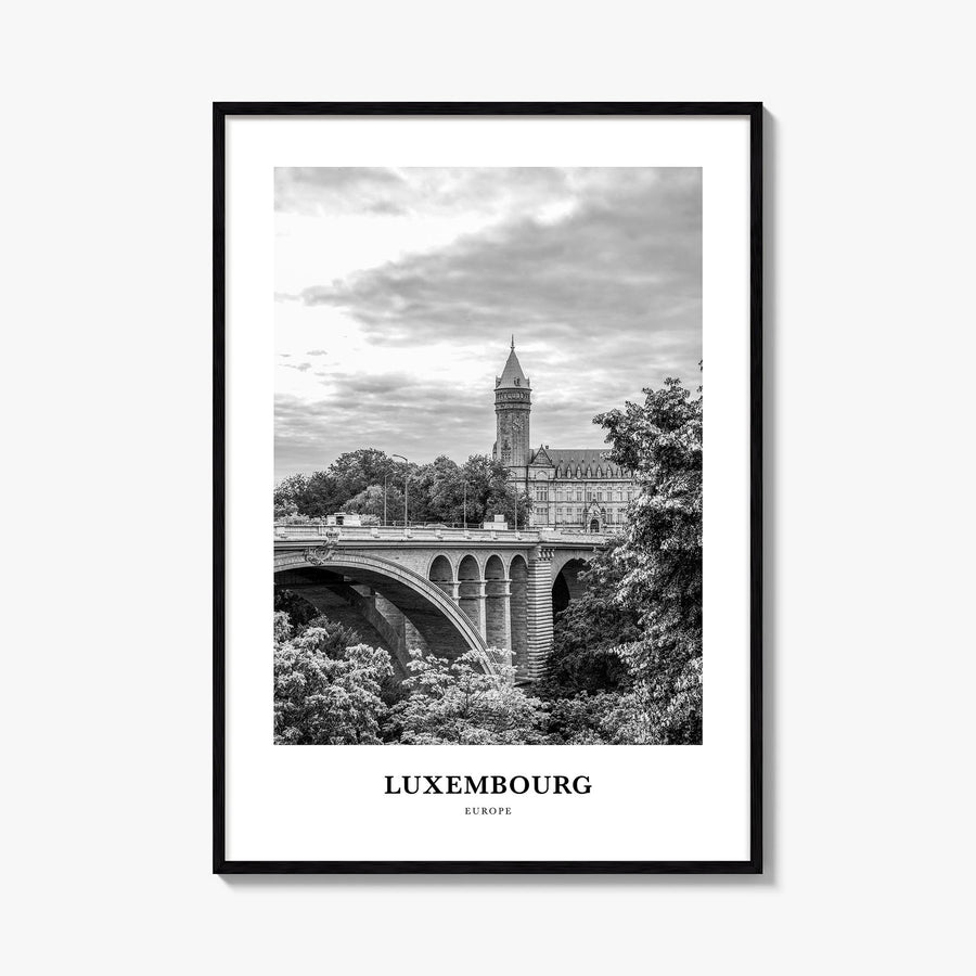 Luxembourg black & white classic poster of Europe – vertical wall art, unframed print shown in interior mockup