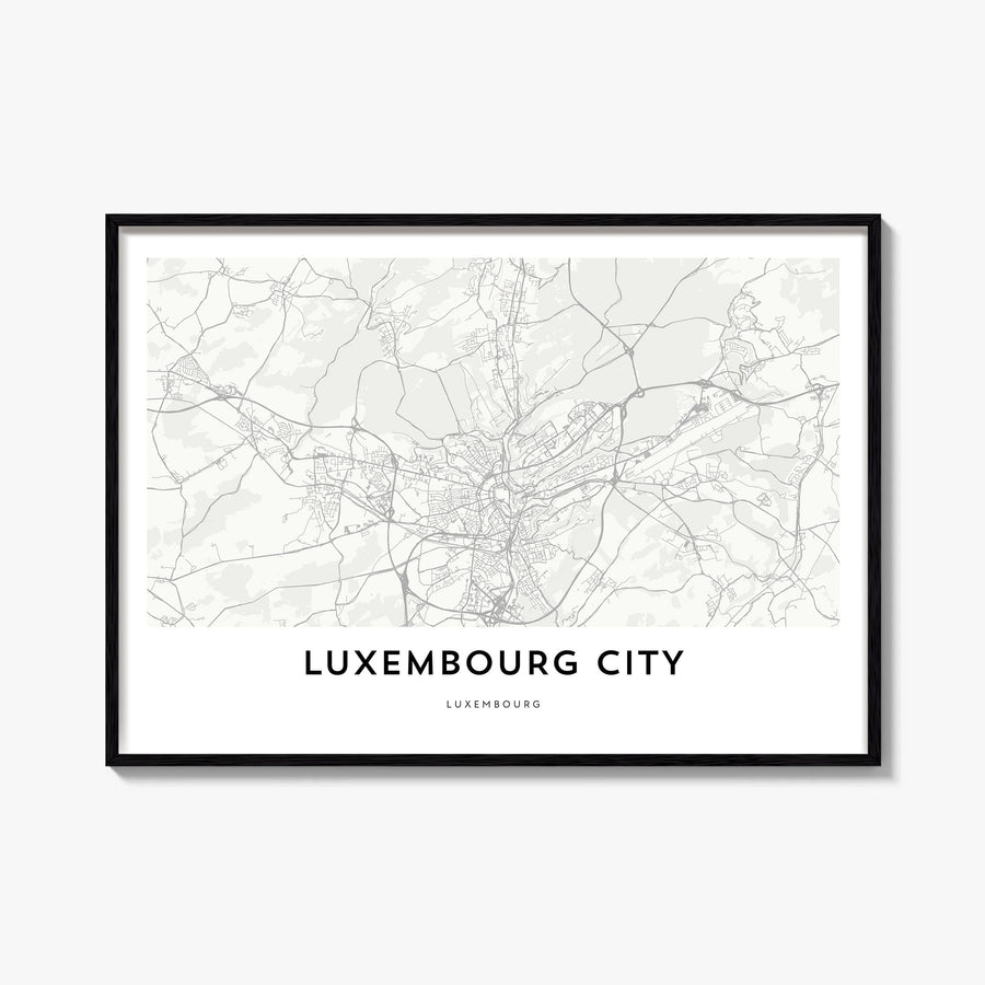 Luxembourg City black & white map poster of Luxembourg – horizontal wall art, unframed print shown in interior mockup