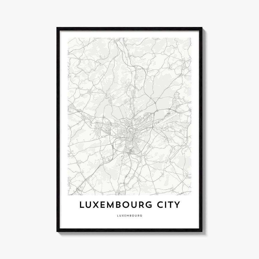 Luxembourg City black & white map poster of Luxembourg – vertical wall art, unframed print shown in interior mockup