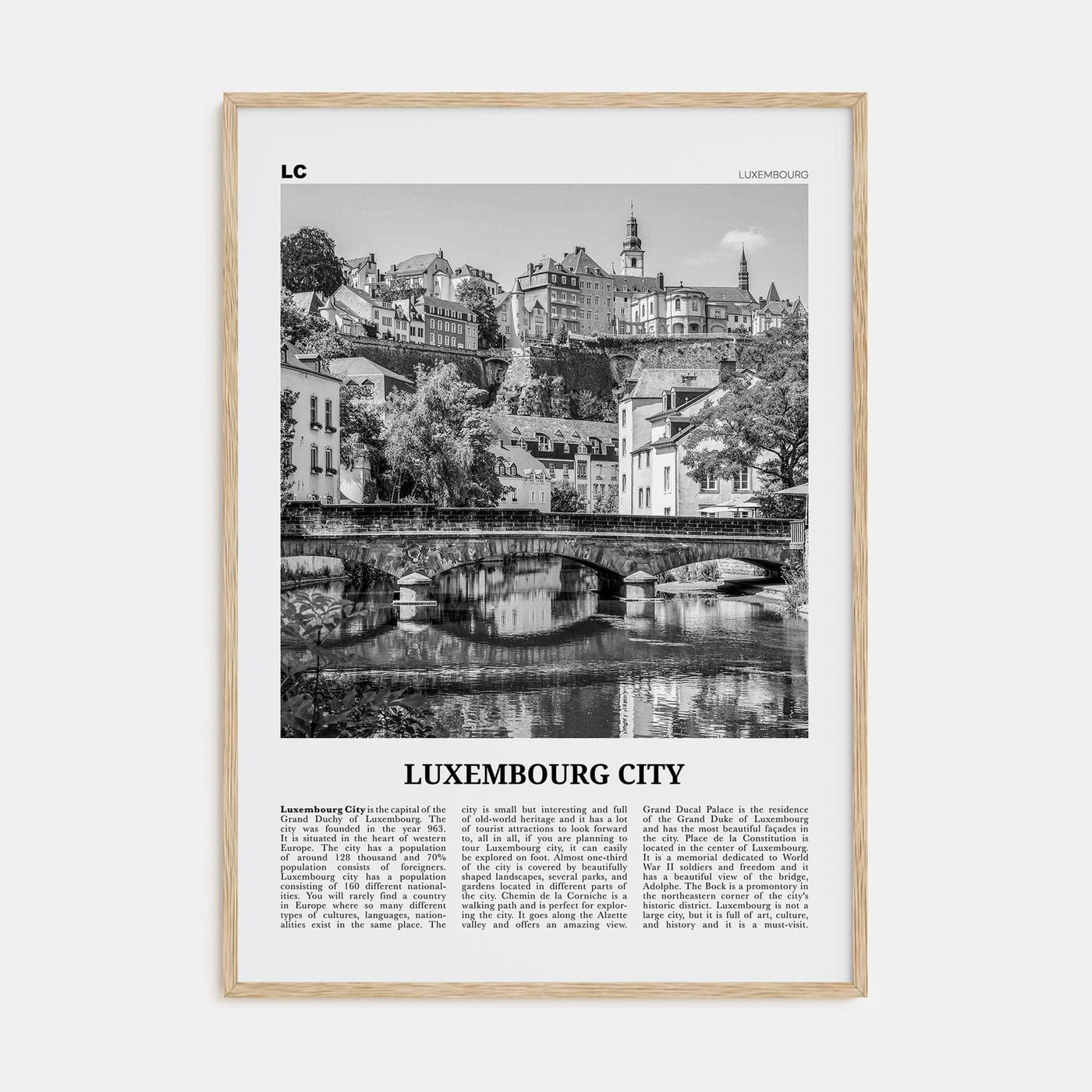 Luxembourg City Poster Natural Wood / 8x12 in Nbourhood Travel B&W Poster