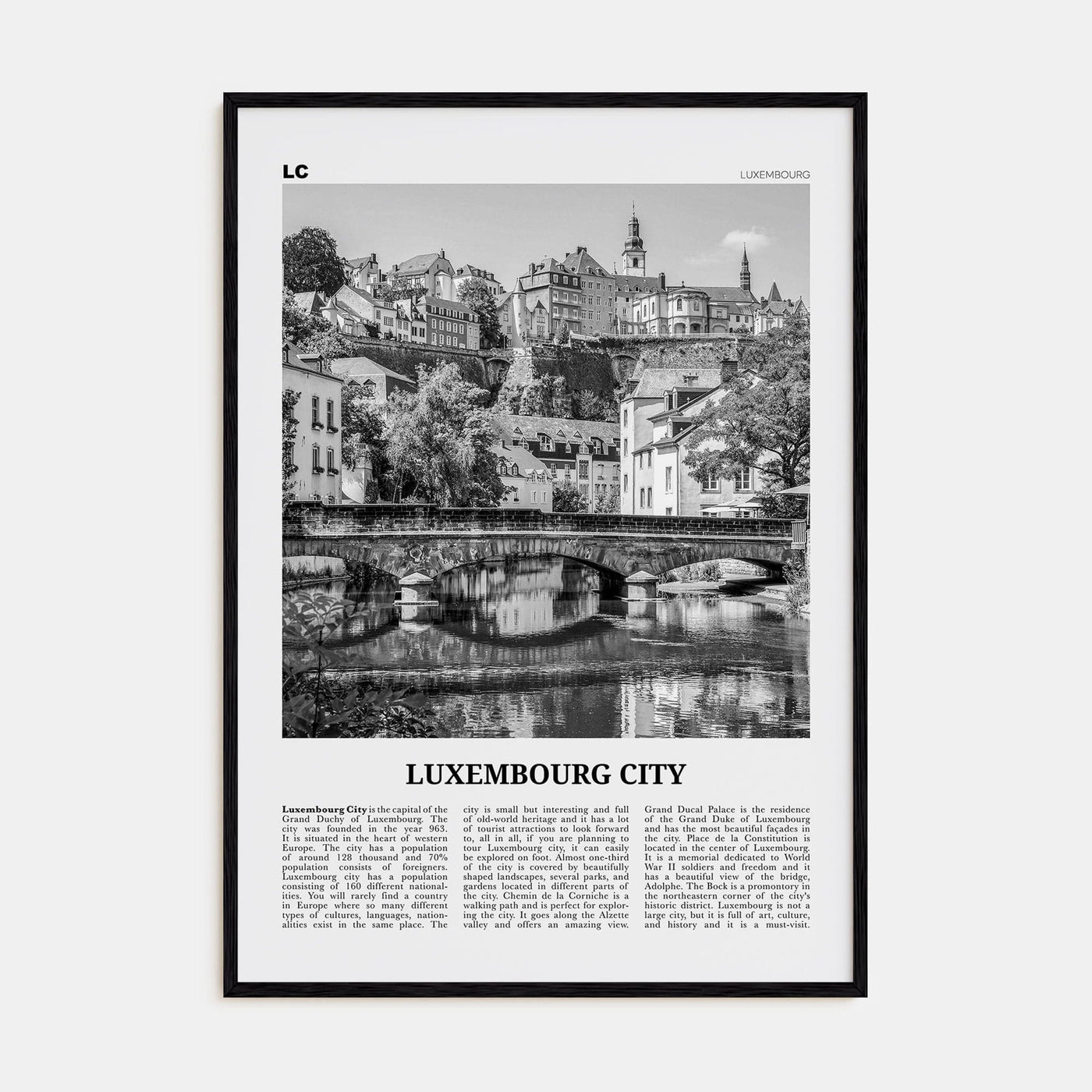 Luxembourg City Poster Black Wood / 8x12 in Nbourhood Travel B&W Poster