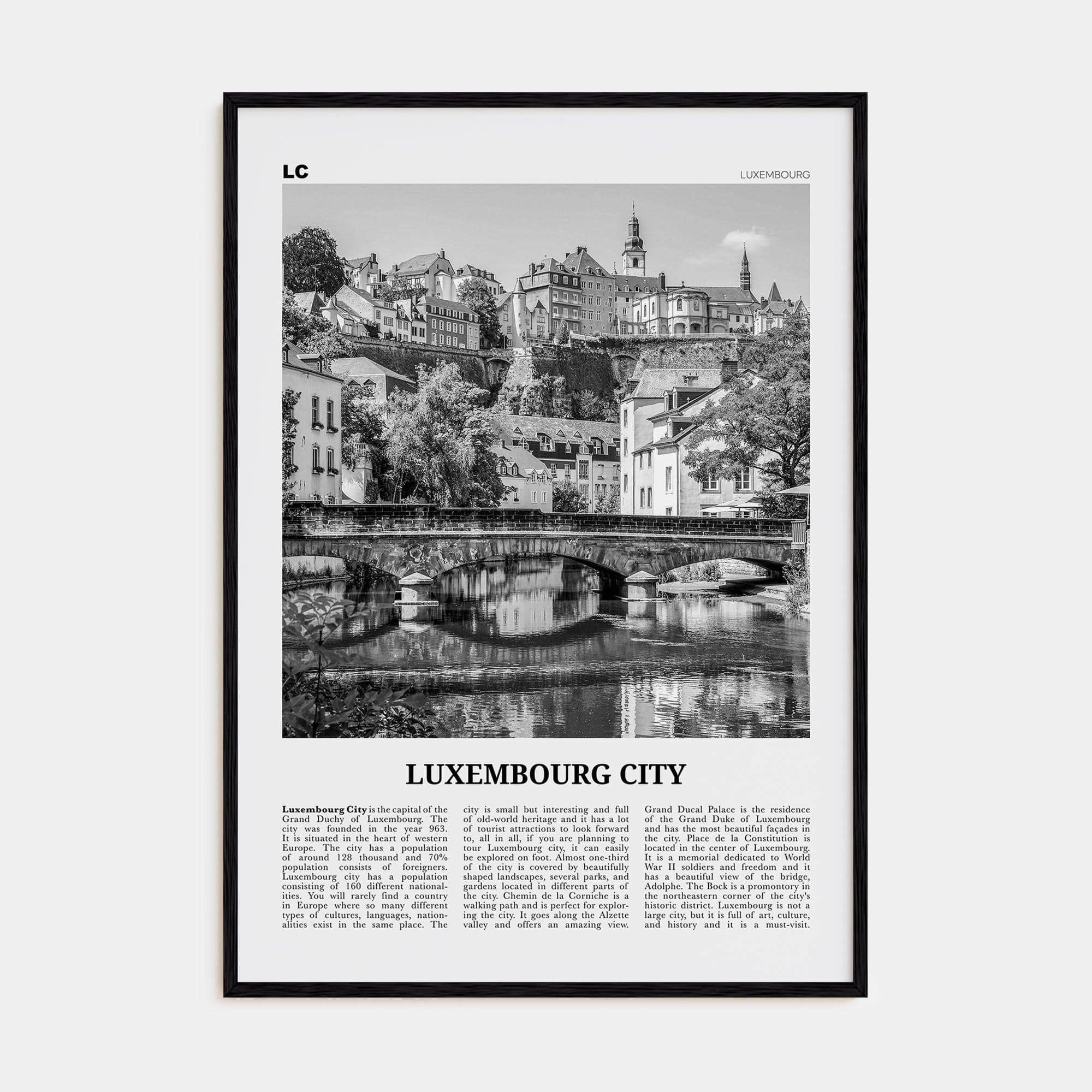 Luxembourg City Poster Black Wood / 8x12 in Nbourhood Travel B&W Poster