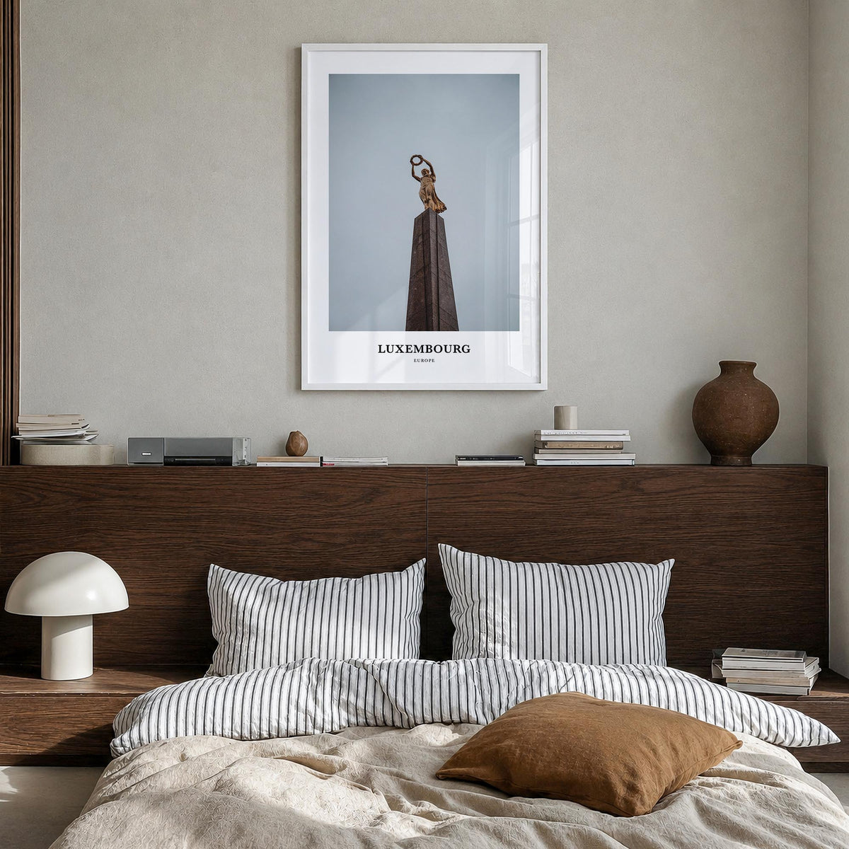 Luxembourg colorful classic poster of Europe – vertical wall art in white wood frame, hanging on wall