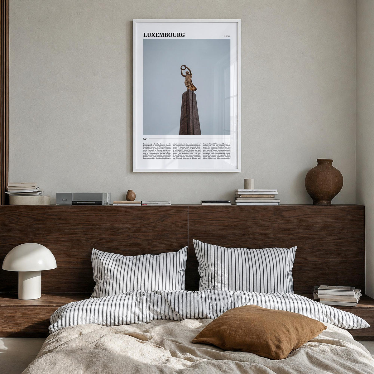 Luxembourg colorful travel poster of Europe – vertical wall art in white wood frame, hanging on wall