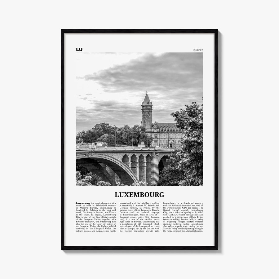 Luxembourg no. 1 black & white newspaper poster of Europe – vertical wall art, unframed print shown in interior mockup