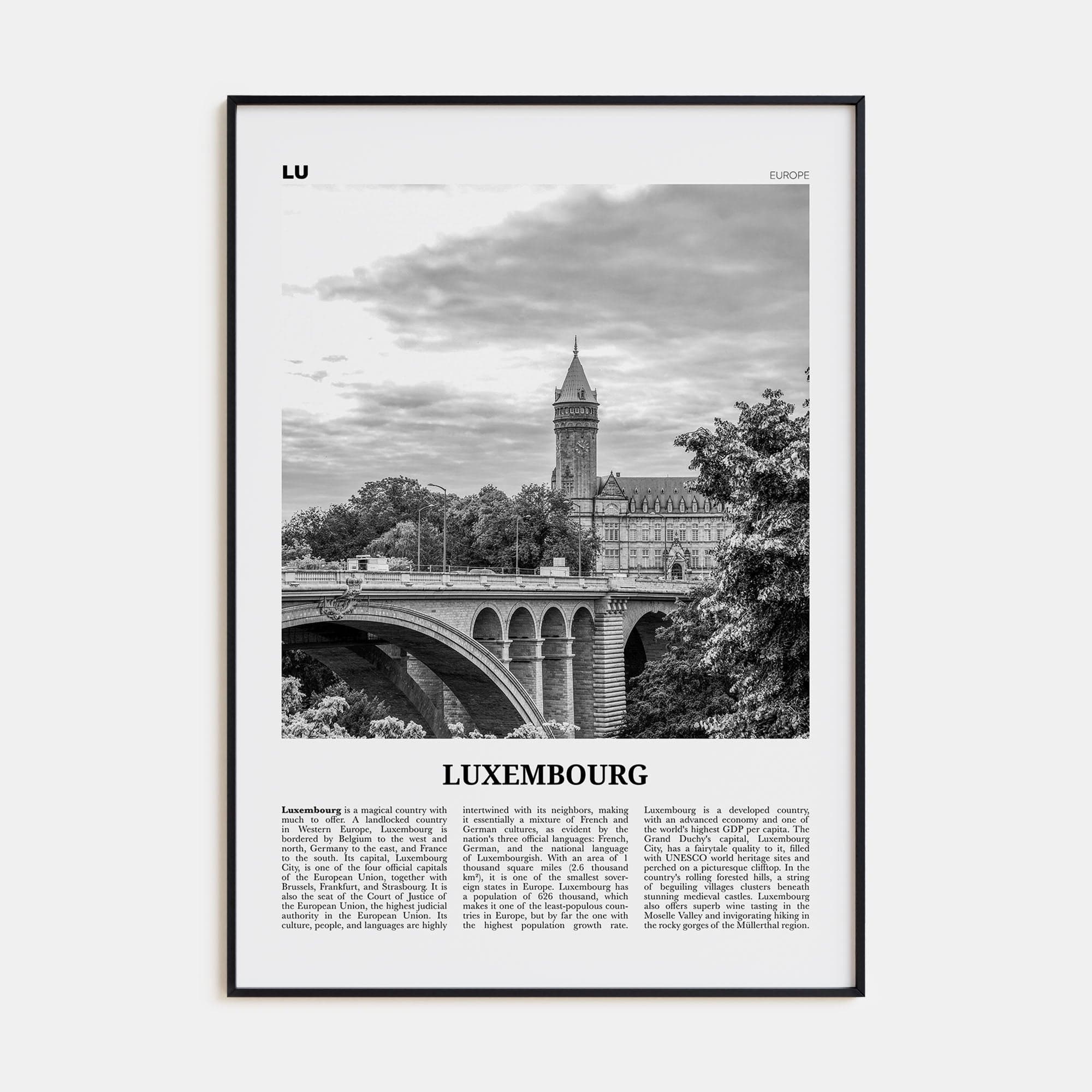 Luxembourg No 1 Poster None / 8x12 in Nbourhood Travel B&W Poster