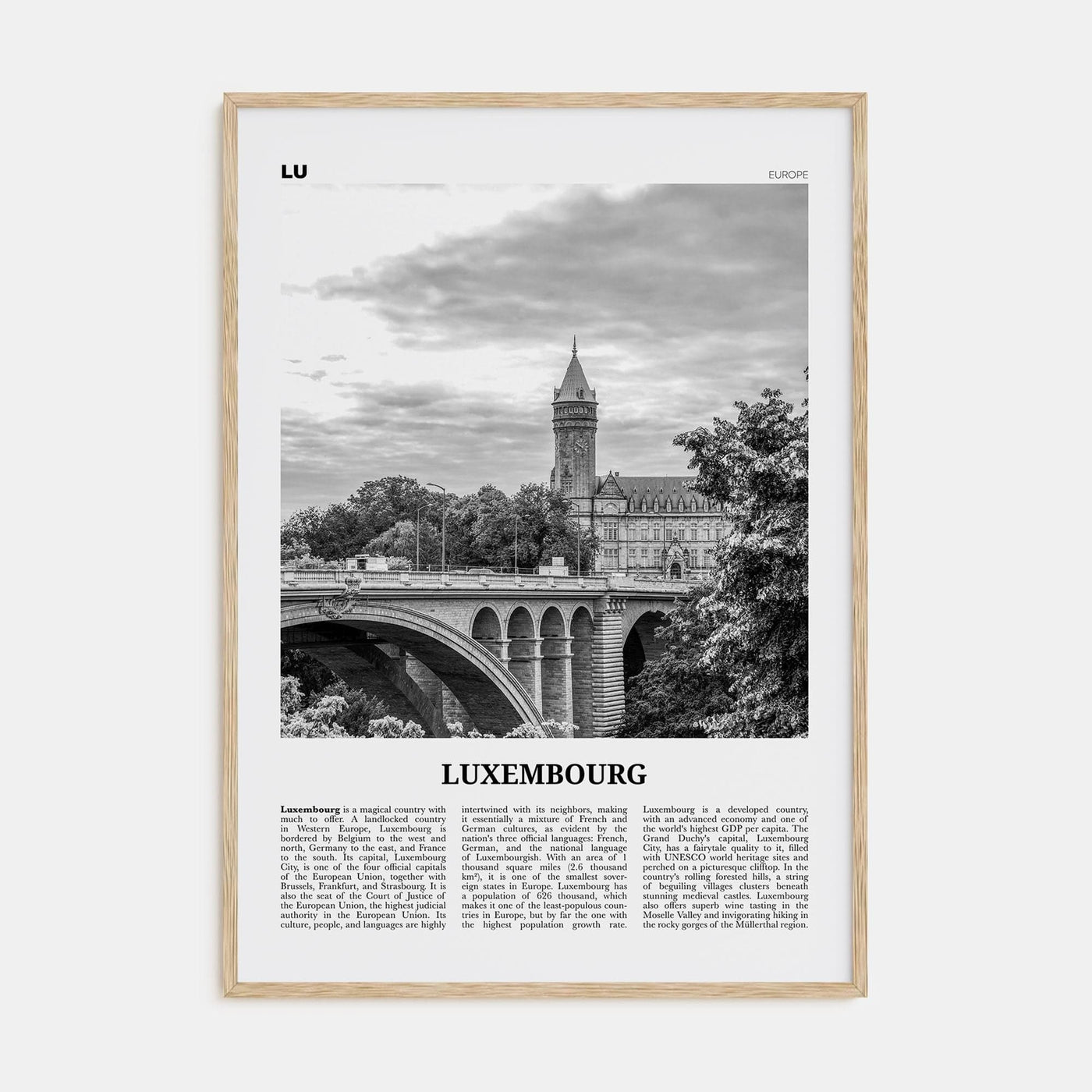 Luxembourg No 1 Poster Natural Wood / 8x12 in Nbourhood Travel B&W Poster