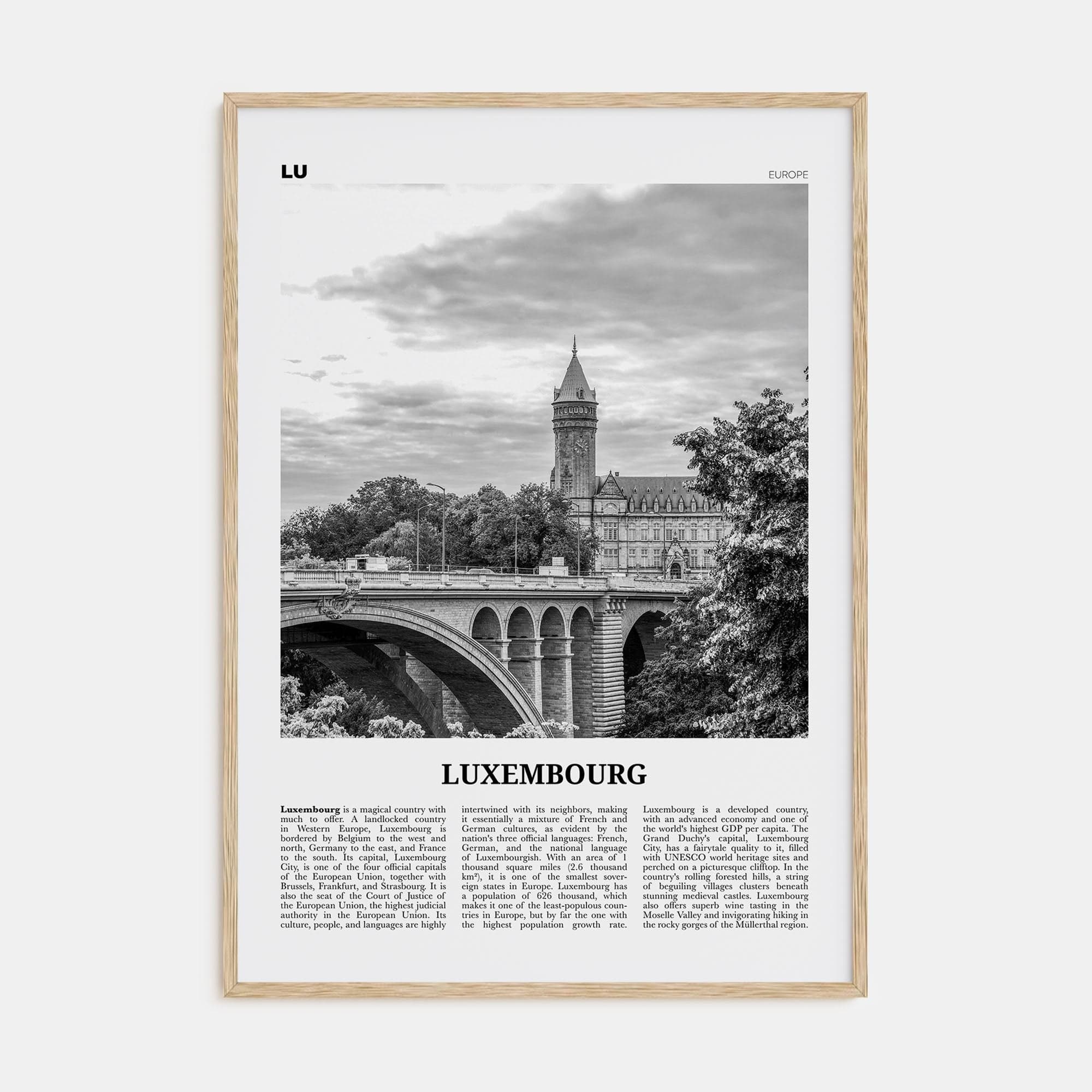 Luxembourg No 1 Poster Natural Wood / 8x12 in Nbourhood Travel B&W Poster